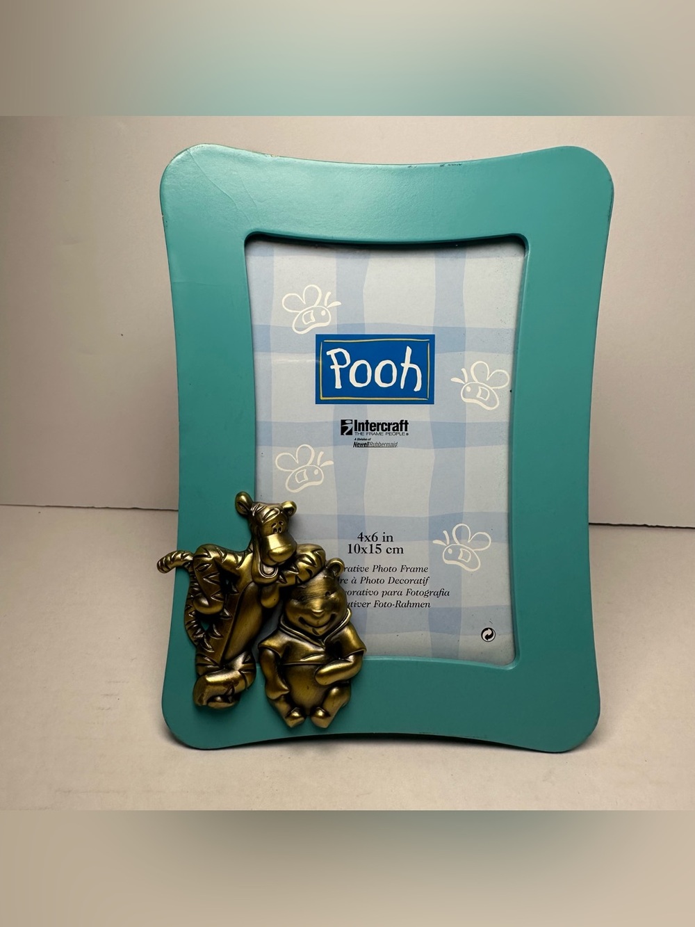 VTG Disney Embossed Brass Tone Tigger And Winnie The Pooh Teal 4x6 Photo Frame